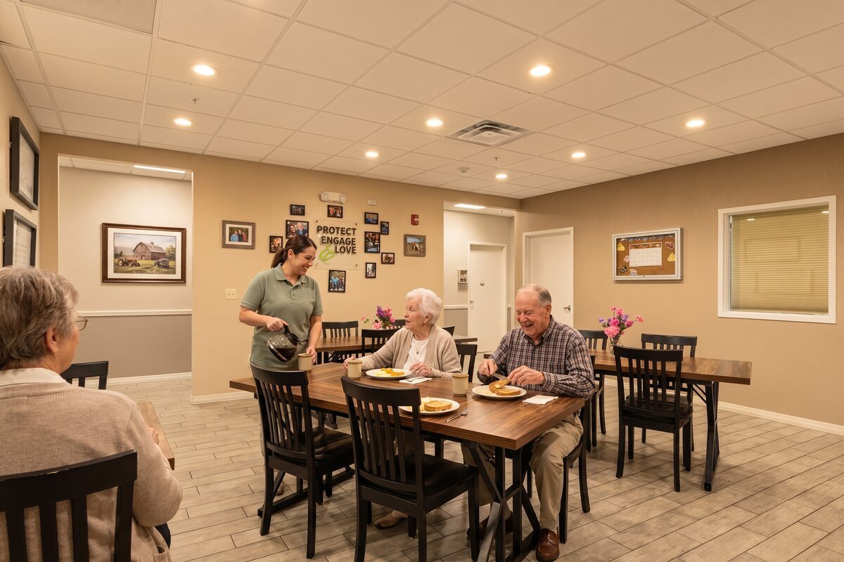 Residents enjoying a meal together at the household dining table while a caregiver pours coffee