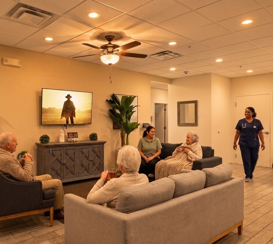 A caregiver and a nurse with residents in the household living room